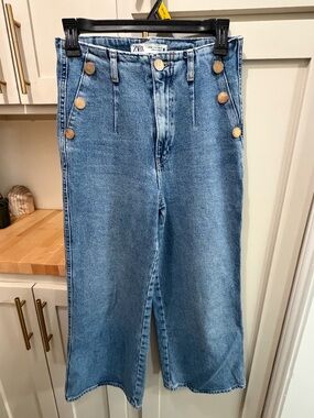ZARA Light Blue Wide-Leg High-Rise Jeans with Gold Buttons